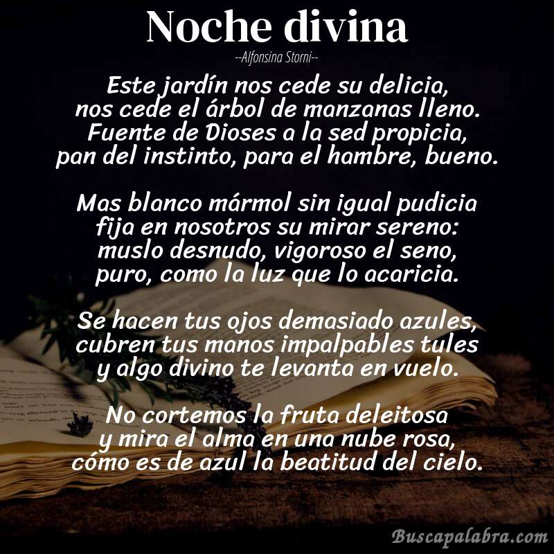 Poema Noche divina de Alfonsina Storni con fondo de libro