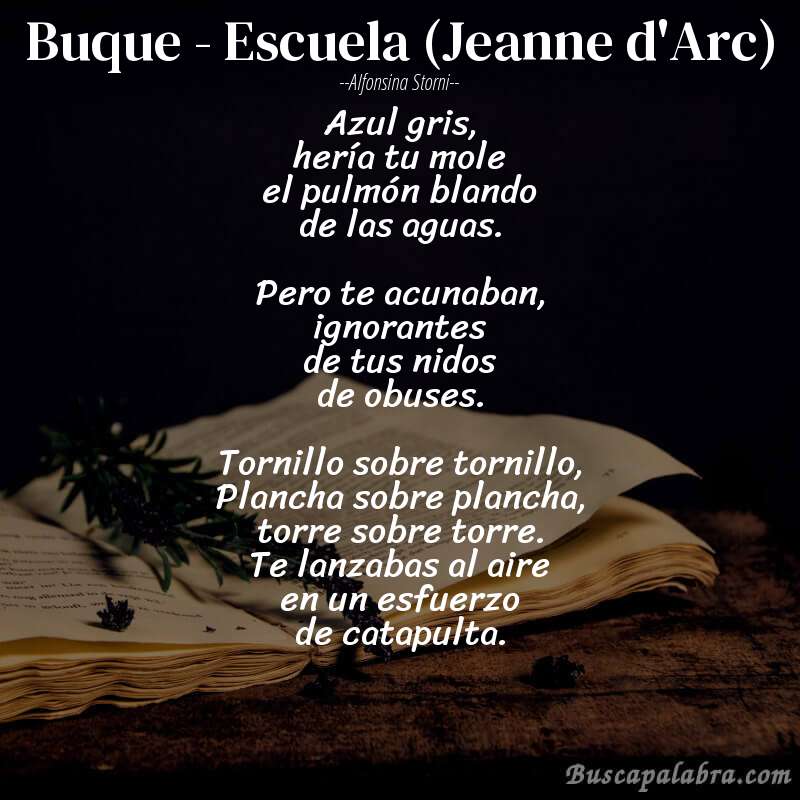 Poema Buque - Escuela (Jeanne d'Arc) de Alfonsina Storni con fondo de libro