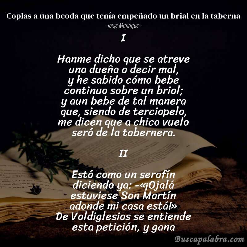 Poema Coplas a una beoda que tenía empeñado un brial en la taberna de Jorge Manrique con fondo de libro