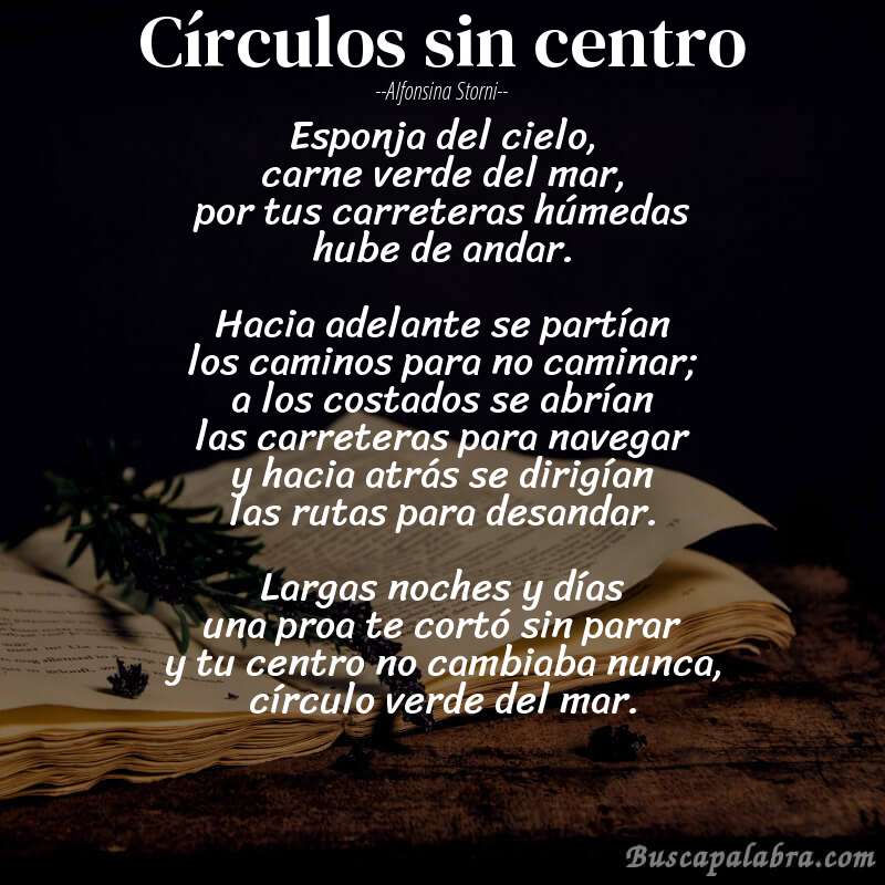 Poema Círculos sin centro de Alfonsina Storni con fondo de libro