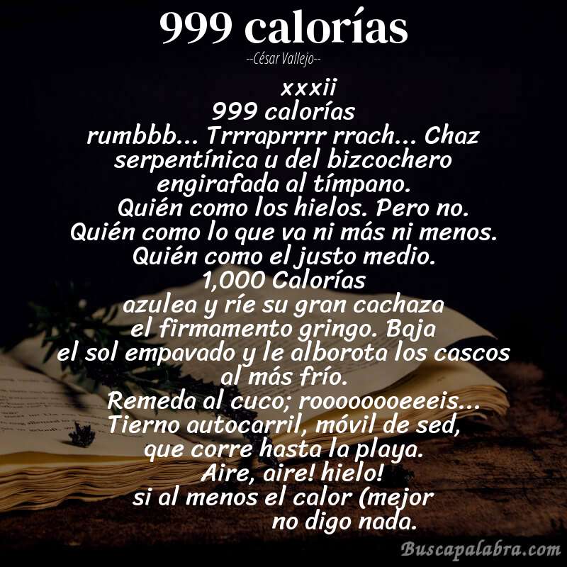 Poema 999 calorías de César Vallejo con fondo de libro