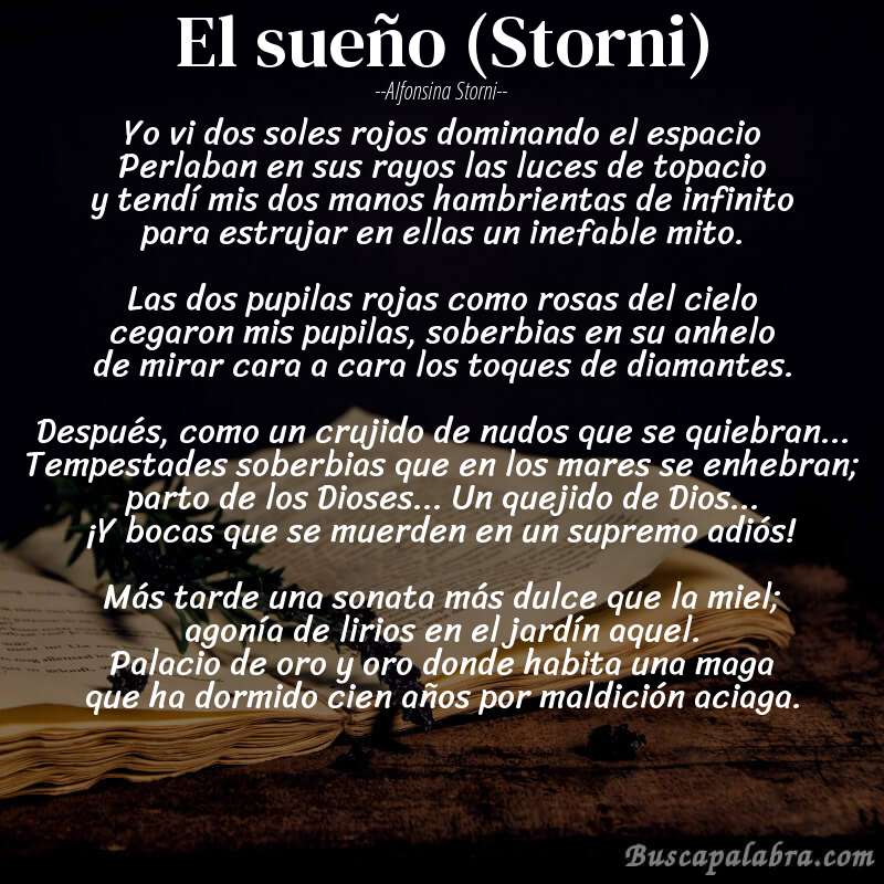 Poema El sueño (Storni) de Alfonsina Storni con fondo de libro