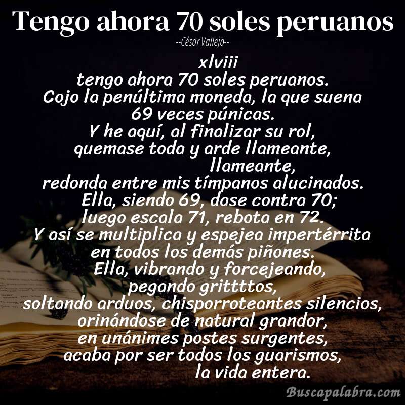Poema tengo ahora 70 soles peruanos de César Vallejo con fondo de libro