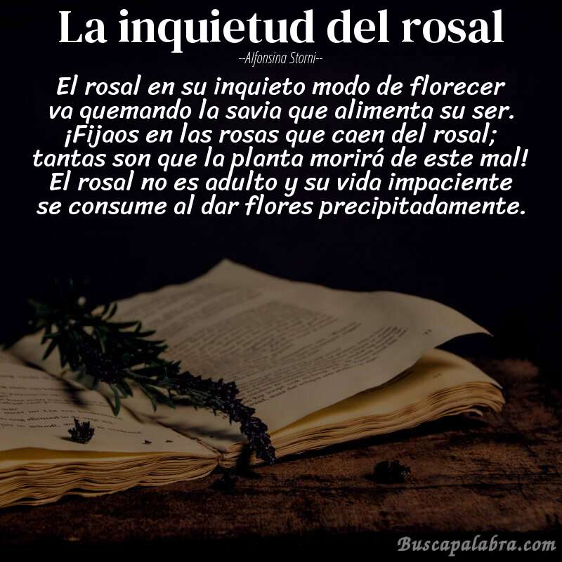 Poema La inquietud del rosal de Alfonsina Storni con fondo de libro