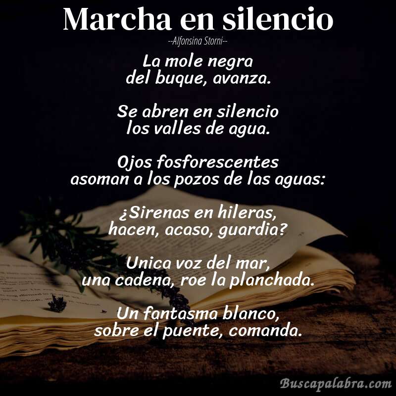 Poema Marcha en silencio de Alfonsina Storni con fondo de libro