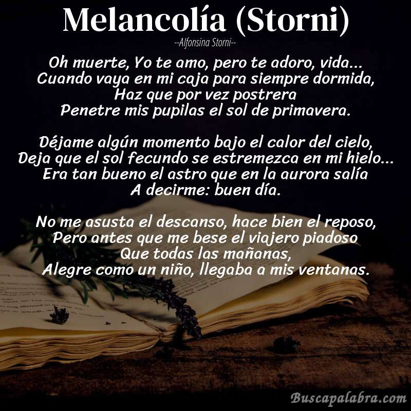 Poema Melancolía (Storni) de Alfonsina Storni con fondo de libro