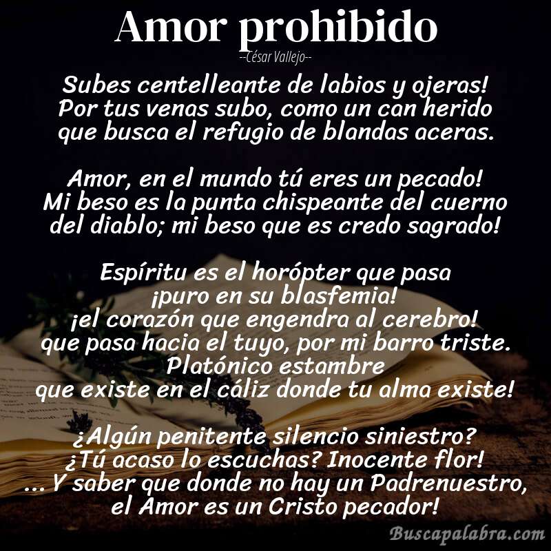 Poema Amor prohibido de César Vallejo con fondo de libro