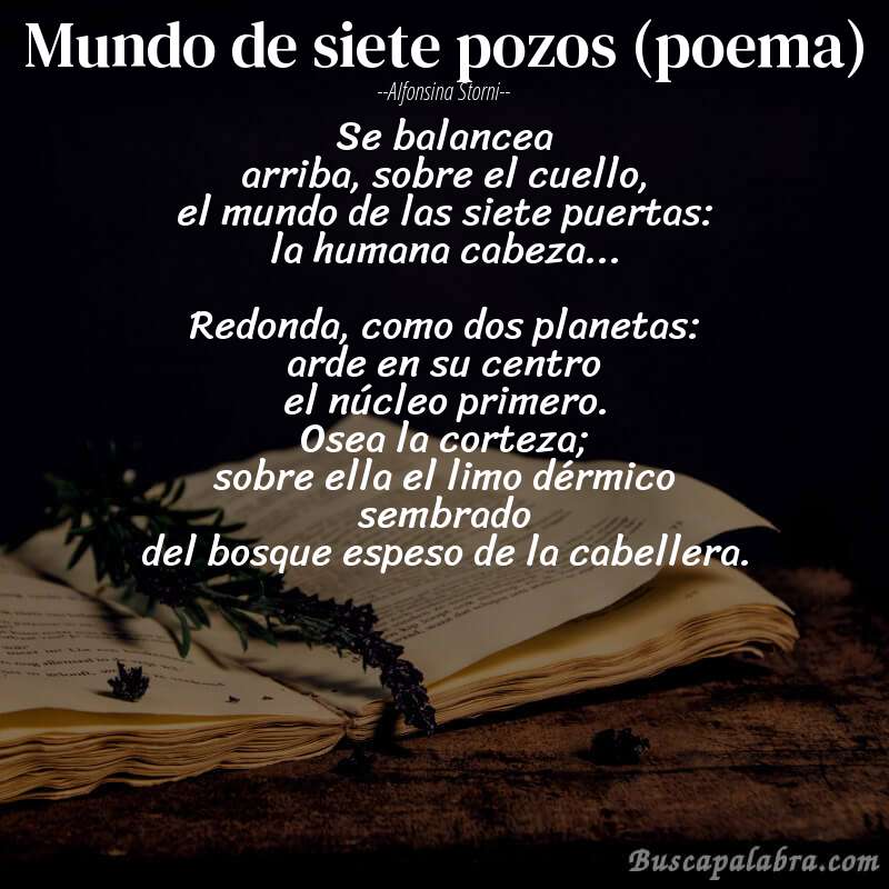 Poema Mundo de siete pozos (poema) de Alfonsina Storni con fondo de libro