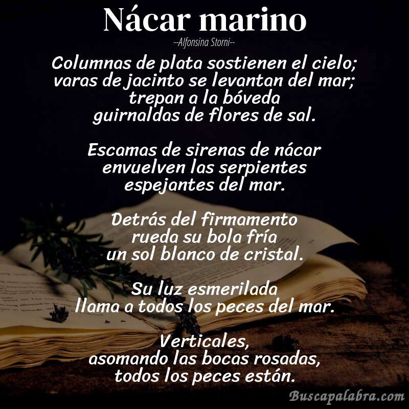 Poema Nácar marino de Alfonsina Storni con fondo de libro