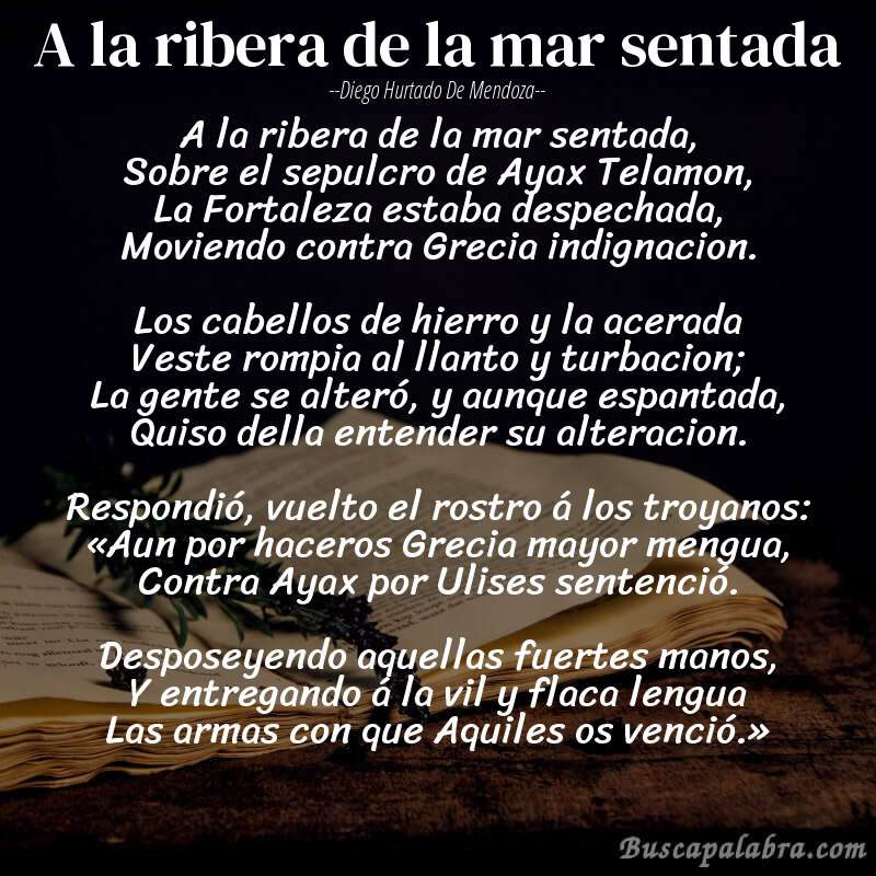 Poema A la ribera de la mar sentada de Diego Hurtado de Mendoza con fondo de libro