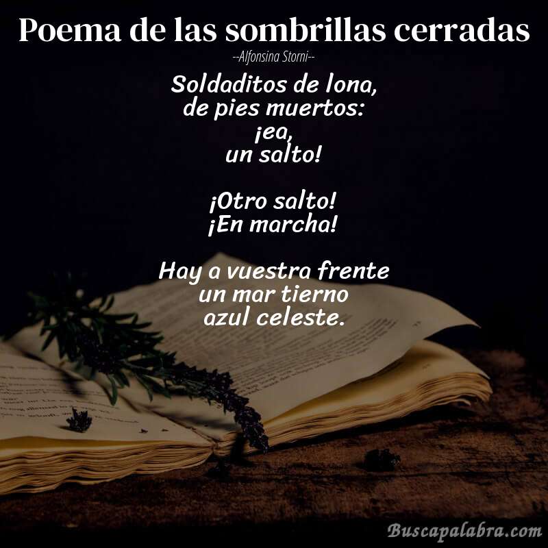 Poema Poema de las sombrillas cerradas de Alfonsina Storni con fondo de libro
