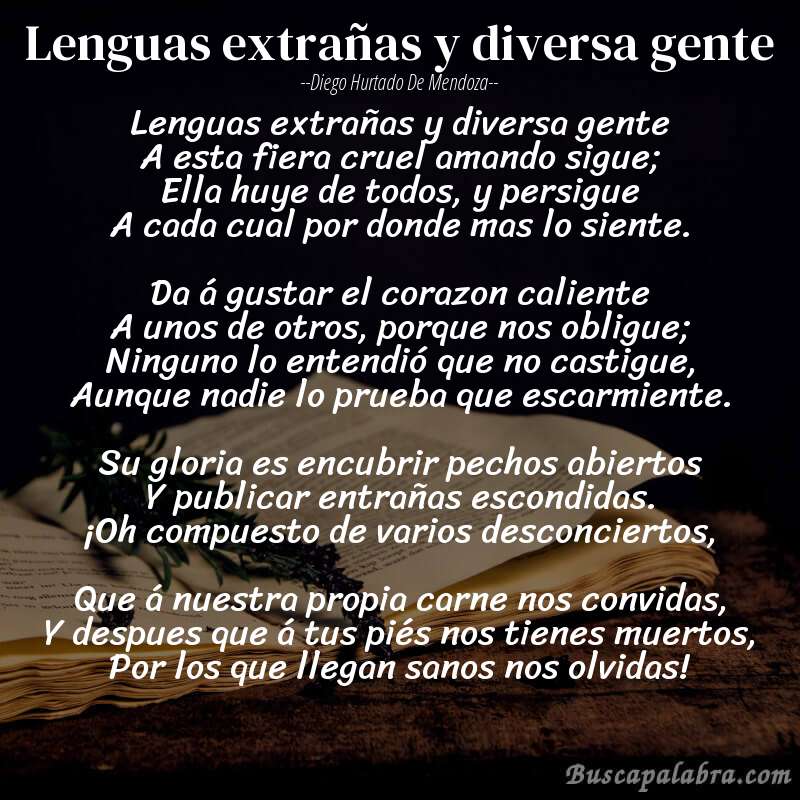 Poema Lenguas extrañas y diversa gente de Diego Hurtado de Mendoza con fondo de libro