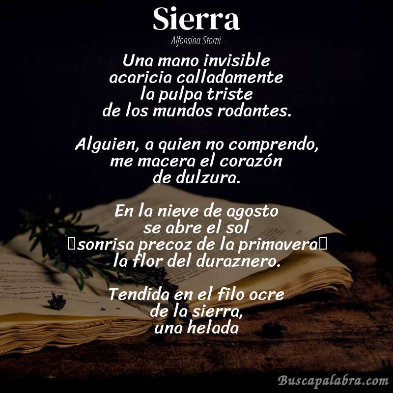 Poema Sierra de Alfonsina Storni con fondo de libro