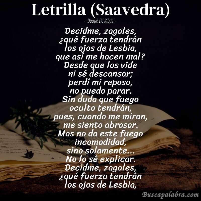 Poema Letrilla (Saavedra) de Duque de Ribas con fondo de libro
