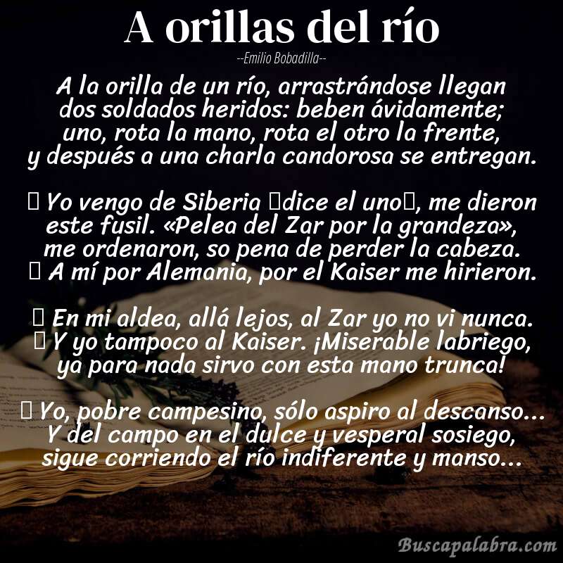 Poema A orillas del río de Emilio Bobadilla con fondo de libro