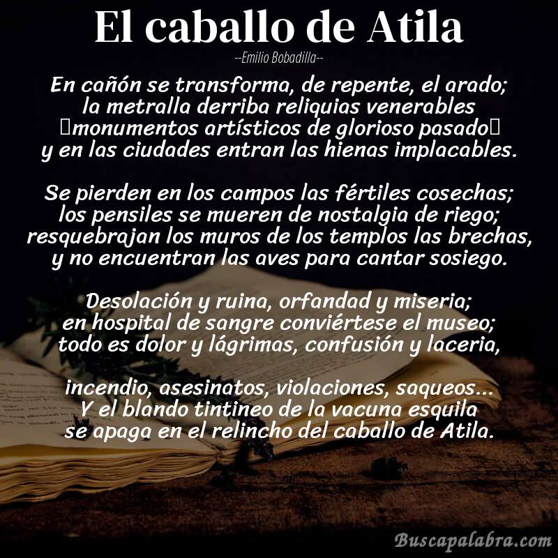 Poema El caballo de Atila de Emilio Bobadilla con fondo de libro