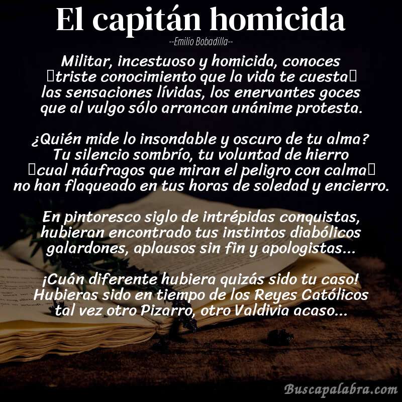 Poema El capitán homicida de Emilio Bobadilla con fondo de libro