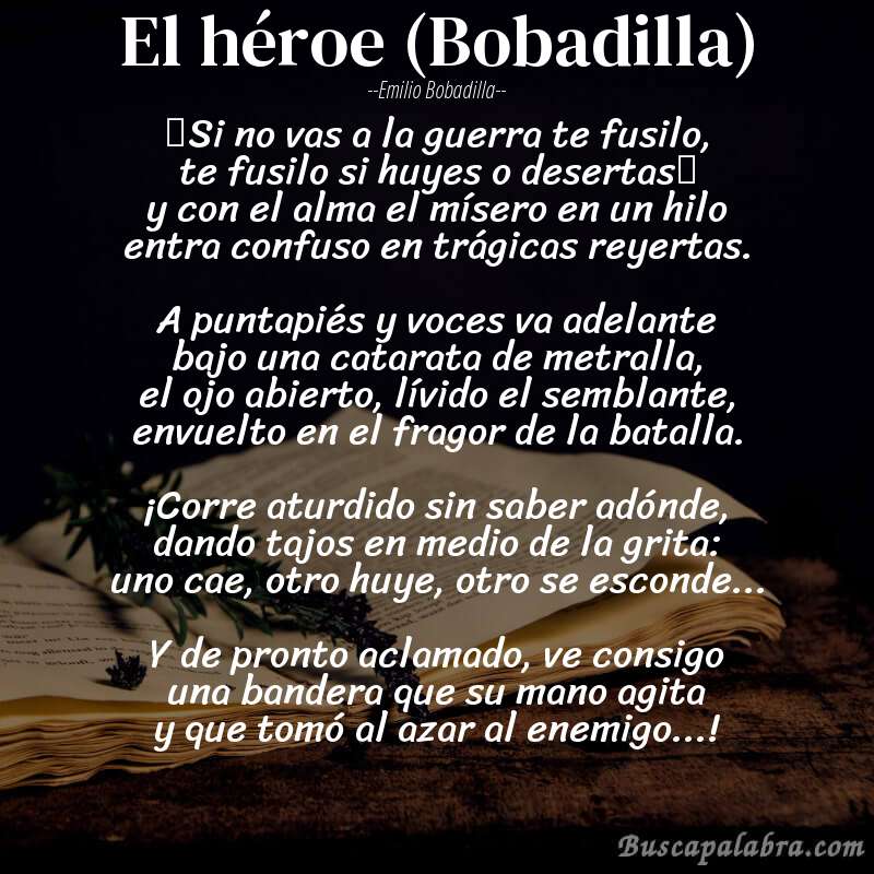 Poema El héroe (Bobadilla) de Emilio Bobadilla con fondo de libro