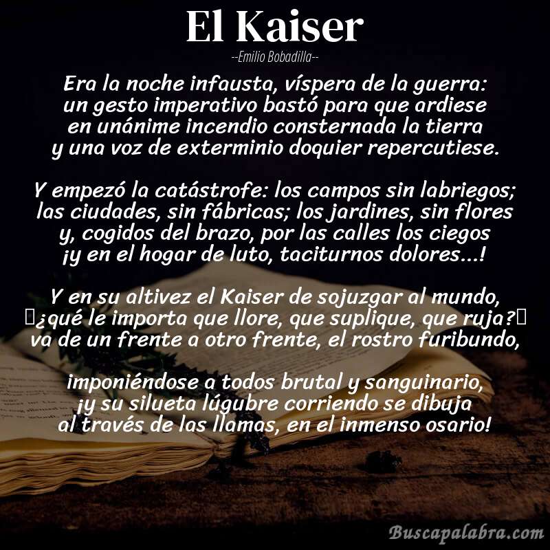 Poema El Kaiser de Emilio Bobadilla con fondo de libro