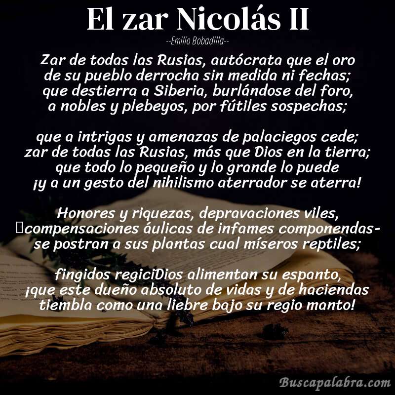 Poema El zar Nicolás II de Emilio Bobadilla con fondo de libro