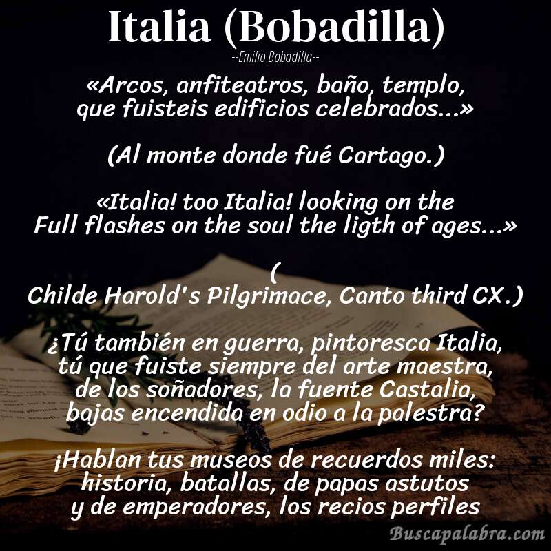 Poema Italia (Bobadilla) de Emilio Bobadilla con fondo de libro
