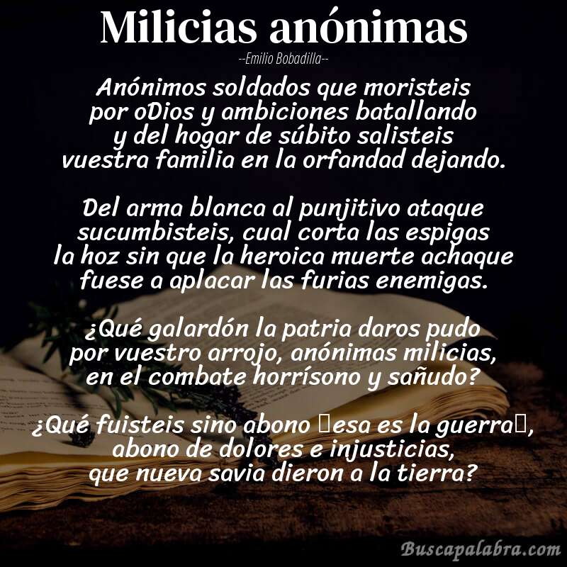 Poema Milicias anónimas de Emilio Bobadilla con fondo de libro