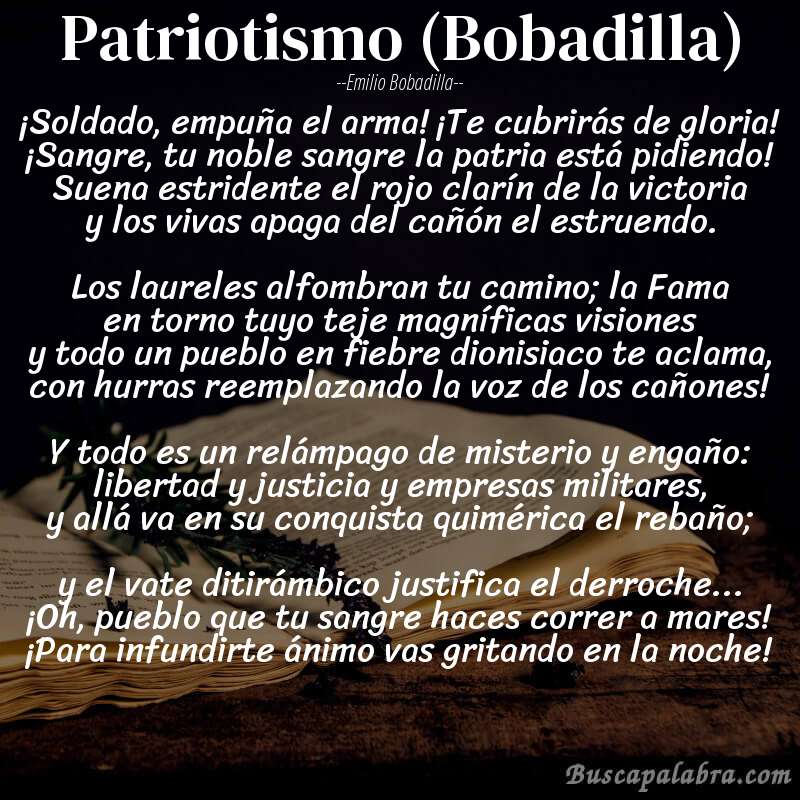 Poema Patriotismo (Bobadilla) de Emilio Bobadilla con fondo de libro