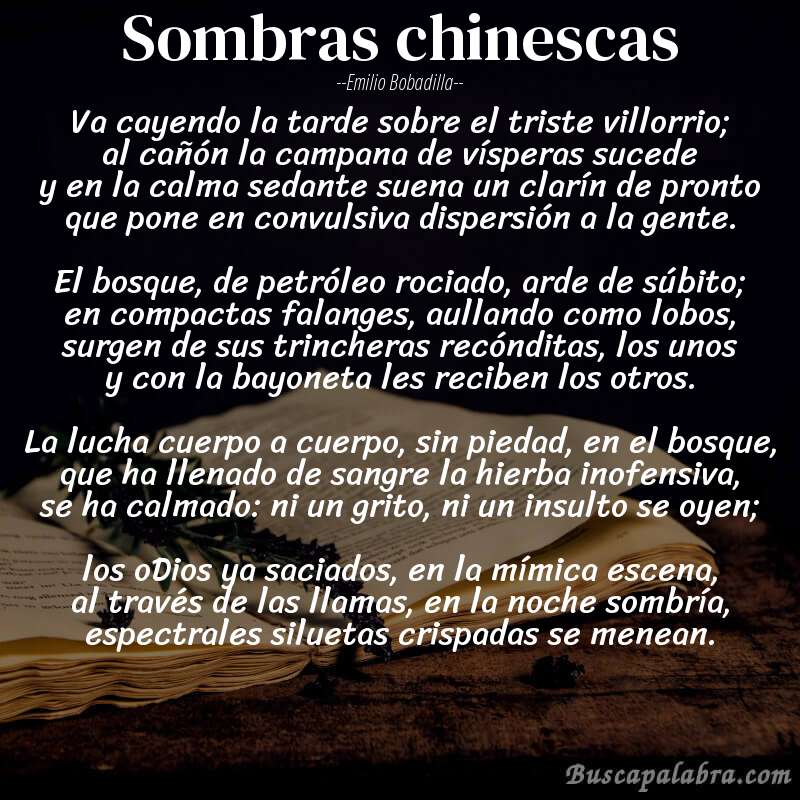 Poema Sombras chinescas de Emilio Bobadilla con fondo de libro