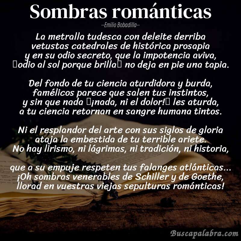 Poema Sombras románticas de Emilio Bobadilla con fondo de libro