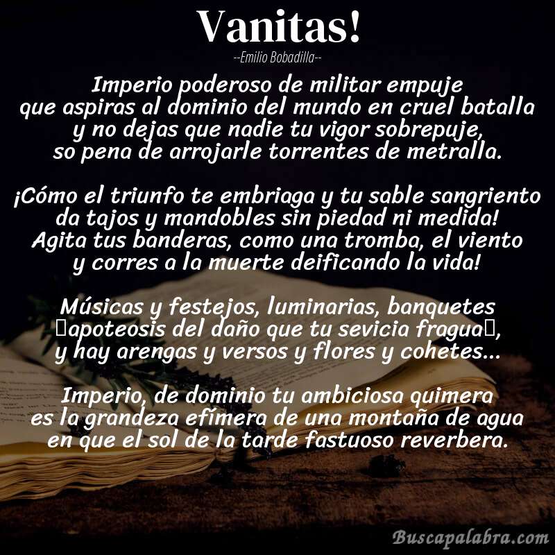 Poema Vanitas! de Emilio Bobadilla con fondo de libro