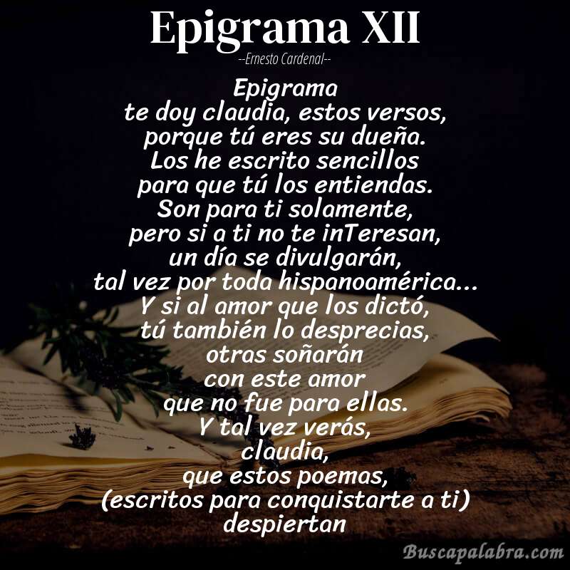 Poema epigrama XII de Ernesto Cardenal con fondo de libro