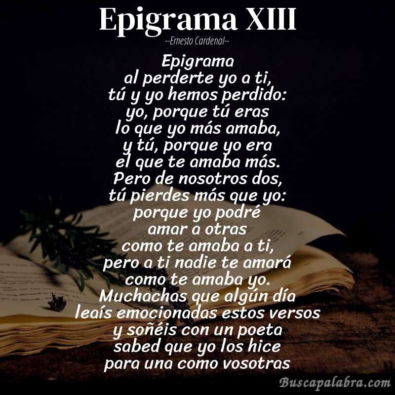Poema epigrama XIII de Ernesto Cardenal con fondo de libro