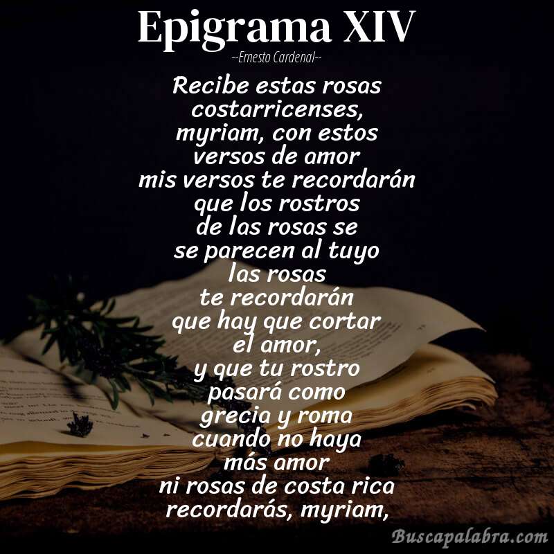 Poema epigrama XIV de Ernesto Cardenal con fondo de libro