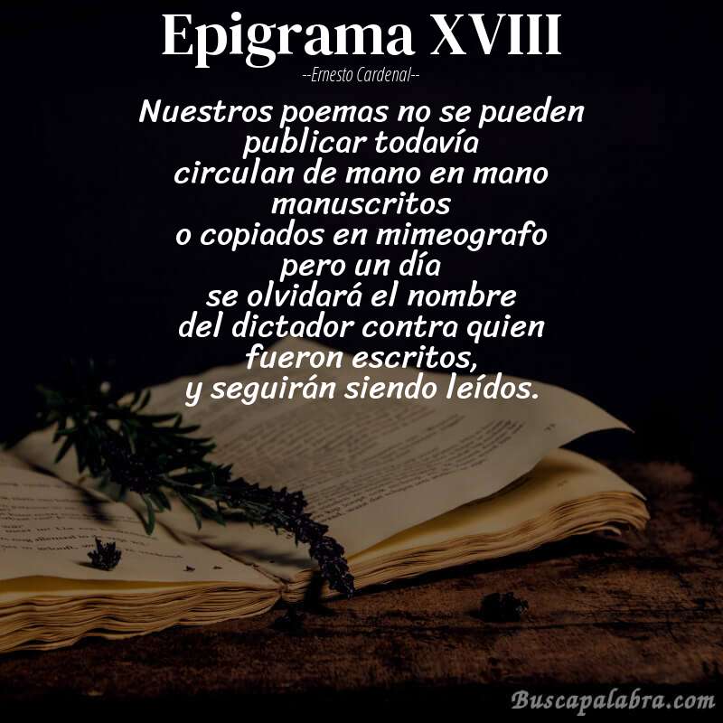 Poema epigrama XVIII de Ernesto Cardenal con fondo de libro