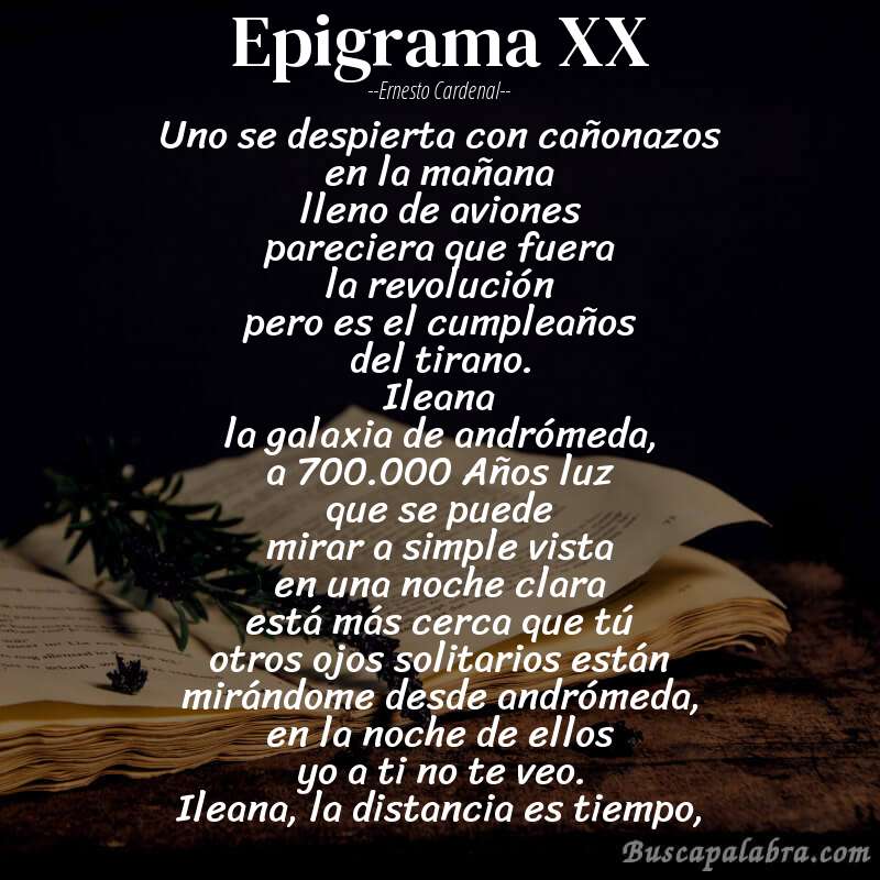 Poema epigrama XX de Ernesto Cardenal con fondo de libro