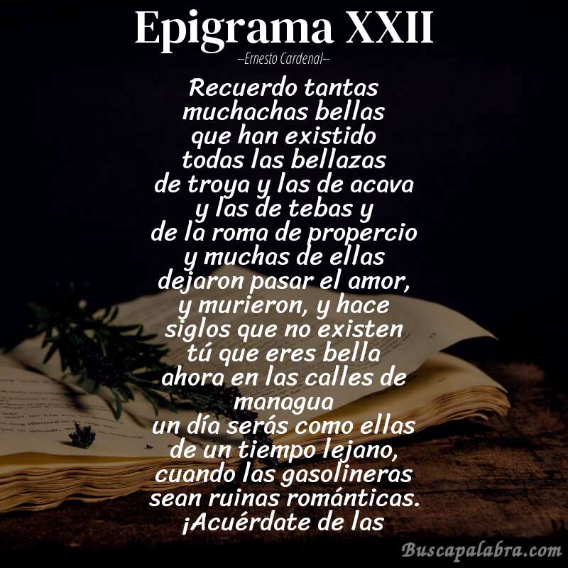 Poema epigrama XXII de Ernesto Cardenal con fondo de libro
