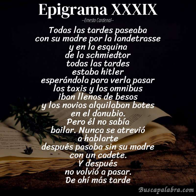 Poema epigrama XXXIX de Ernesto Cardenal con fondo de libro