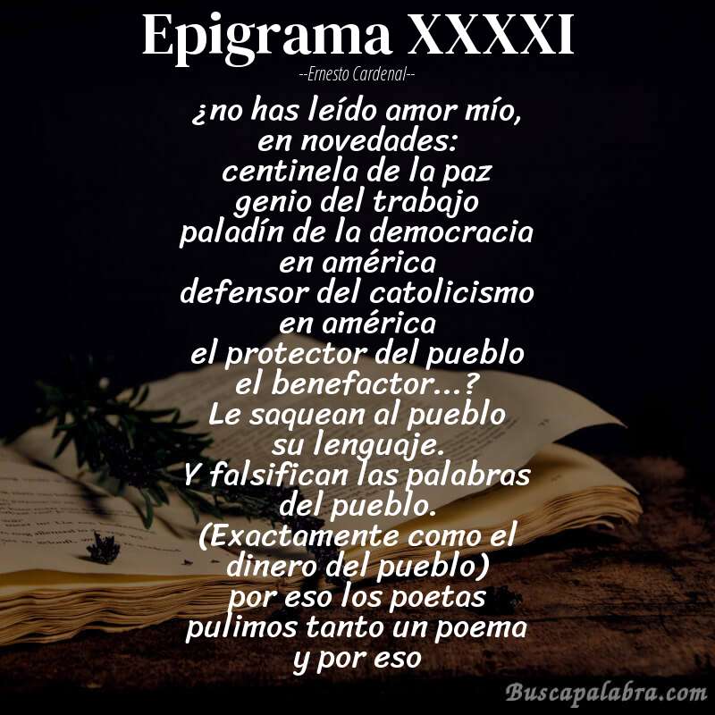 Poema epigrama XXXXI de Ernesto Cardenal con fondo de libro