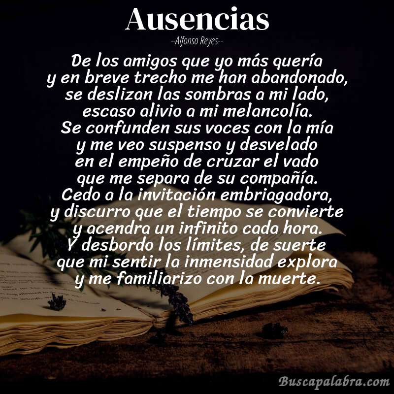 Poema ausencias de Alfonso Reyes con fondo de libro