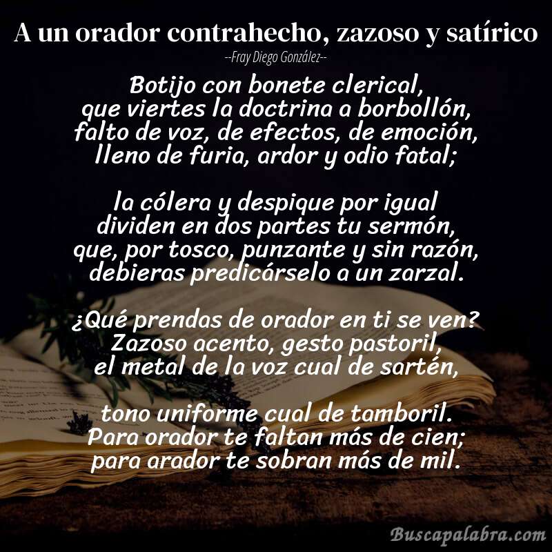Poema A un orador contrahecho, zazoso y satírico de Fray Diego González con fondo de libro