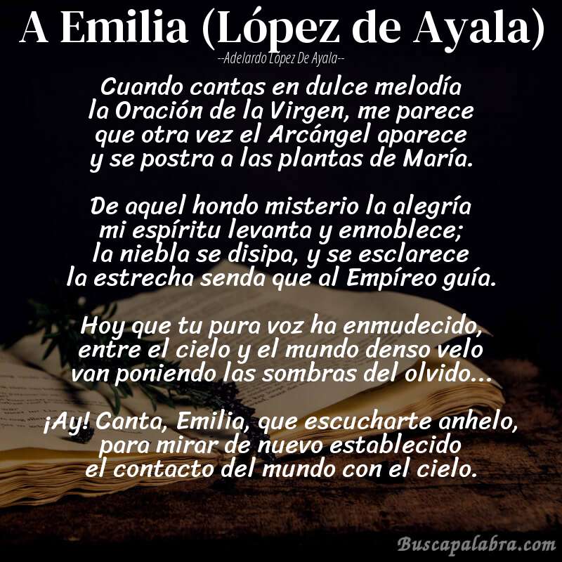 Poema A Emilia (López de Ayala) de Adelardo López de Ayala con fondo de libro