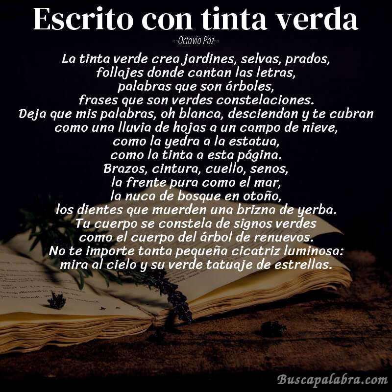 Poema escrito con tinta verda de Octavio Paz con fondo de libro