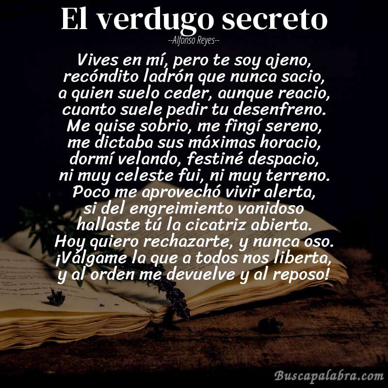 Poema el verdugo secreto de Alfonso Reyes con fondo de libro