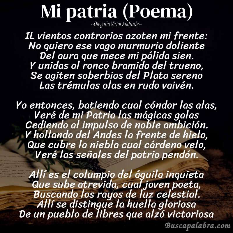 Poema Mi patria (Poema) de Olegario Víctor Andrade con fondo de libro