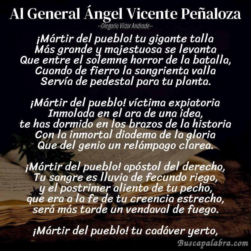 Poema Al General Ángel Vicente Peñaloza de Olegario Víctor Andrade con fondo de libro