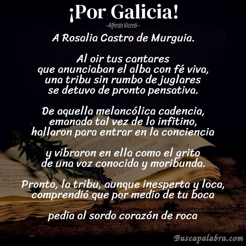 Poema ¡Por Galicia! de Alfredo Vicenti con fondo de libro