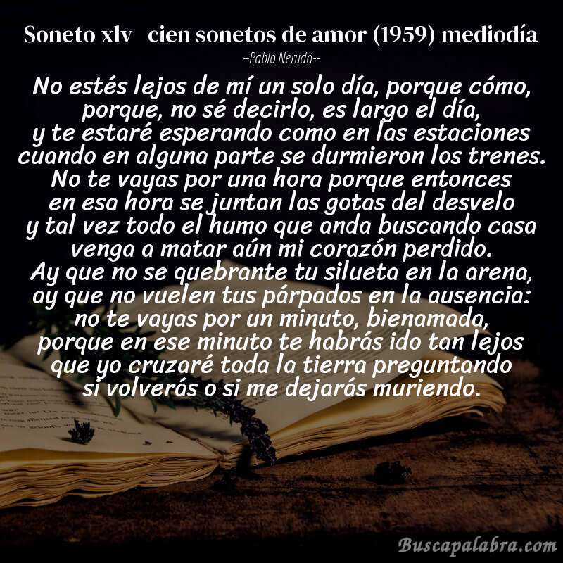 Poema soneto xlv   cien sonetos de amor (1959) mediodía de Pablo Neruda con fondo de libro