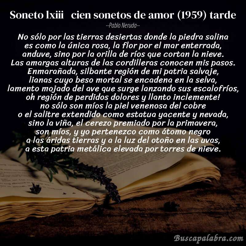 Poema soneto lxiii   cien sonetos de amor (1959) tarde de Pablo Neruda con fondo de libro
