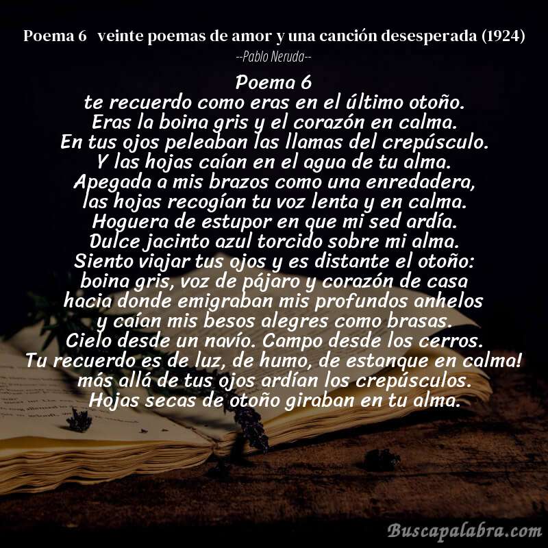 Poema poema 6   veinte poemas de amor y una canción desesperada (1924) de Pablo Neruda con fondo de libro