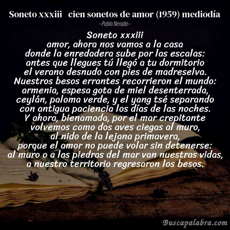 Poema soneto xxxiii   cien sonetos de amor (1959) mediodía de Pablo Neruda con fondo de libro